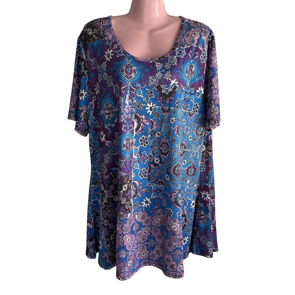 Lily By Firmiana Tunic Top Womens 2X Blue Floral Scoop Neck Stretch Jersey